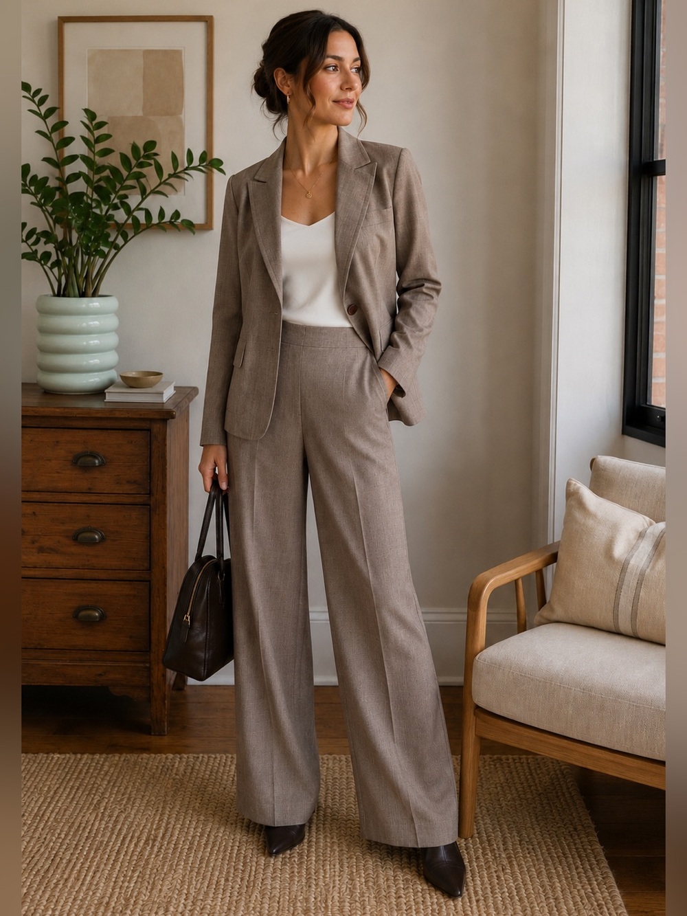 Trina Turk Taupe Two-Piece Suit Set Blazer and Wide Leg Trousers Size 4-6